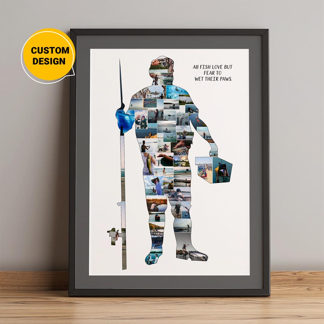 Personalized Photo Collage - Unique Fisherman Gift with Fish Miniatures
