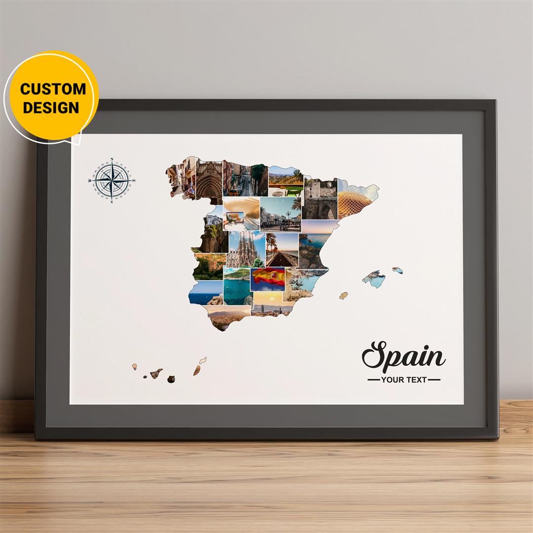 Personalized Photo Collage: Map of Spain Poster, Framed Map of Spain
