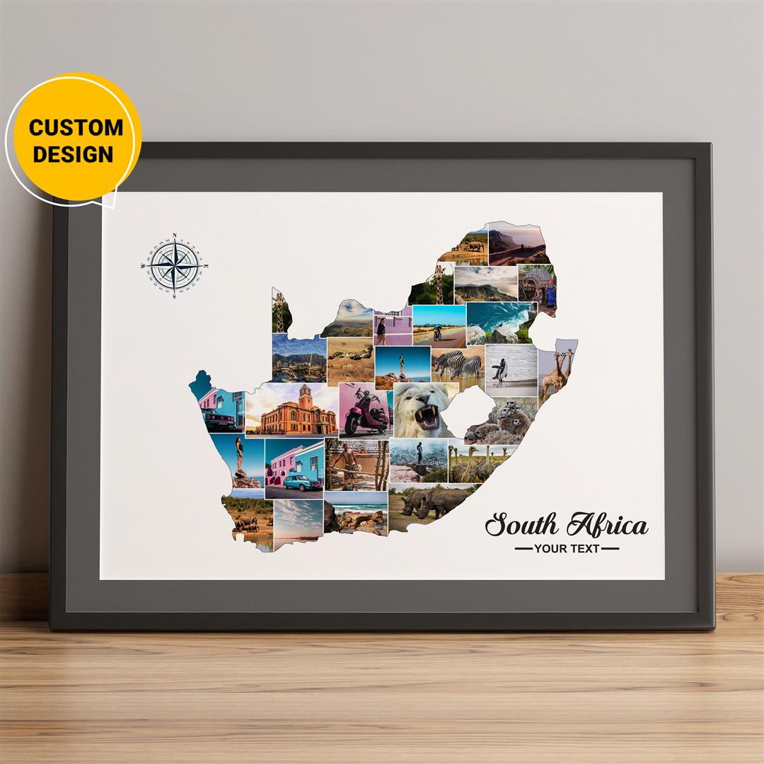 Personalized photo collage featuring a map of South Africa - Wall art decor