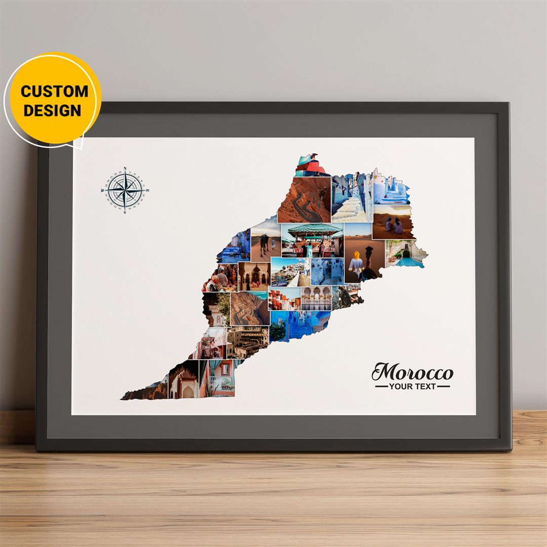 Personalized Photo Collage of Morocco Country Map: Unique Morocco Decor and Poster