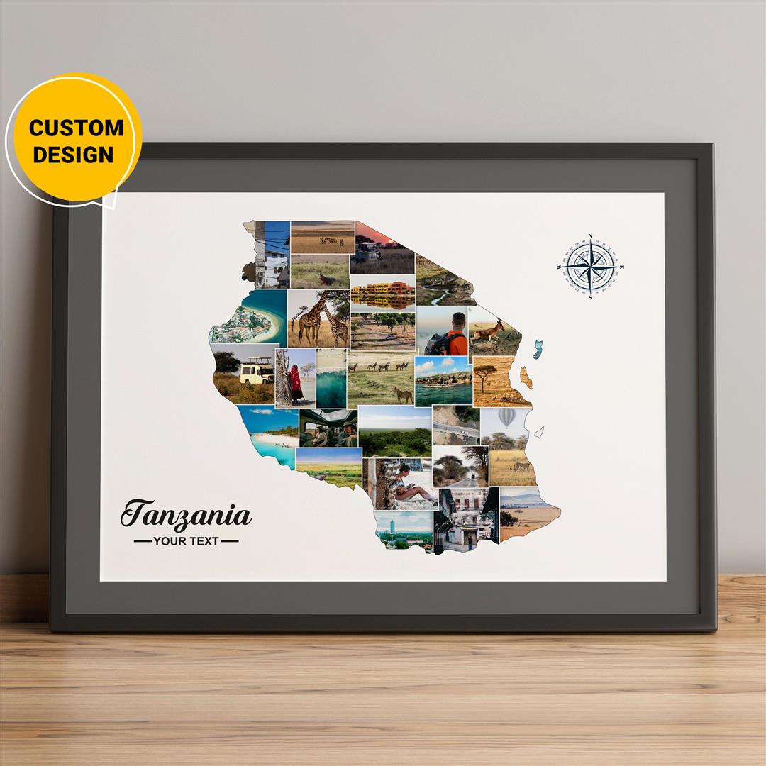 Stunning Tanzania Map Art: Personalized Photo Collage for Home Decor
