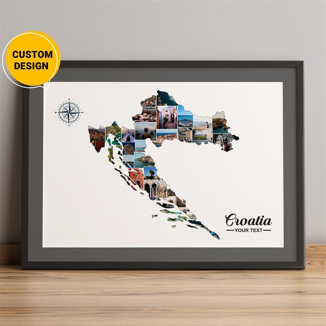 Personalized Croatia Map Photo Collage: Explore Croatia's Beauty with this Unique Wall Art