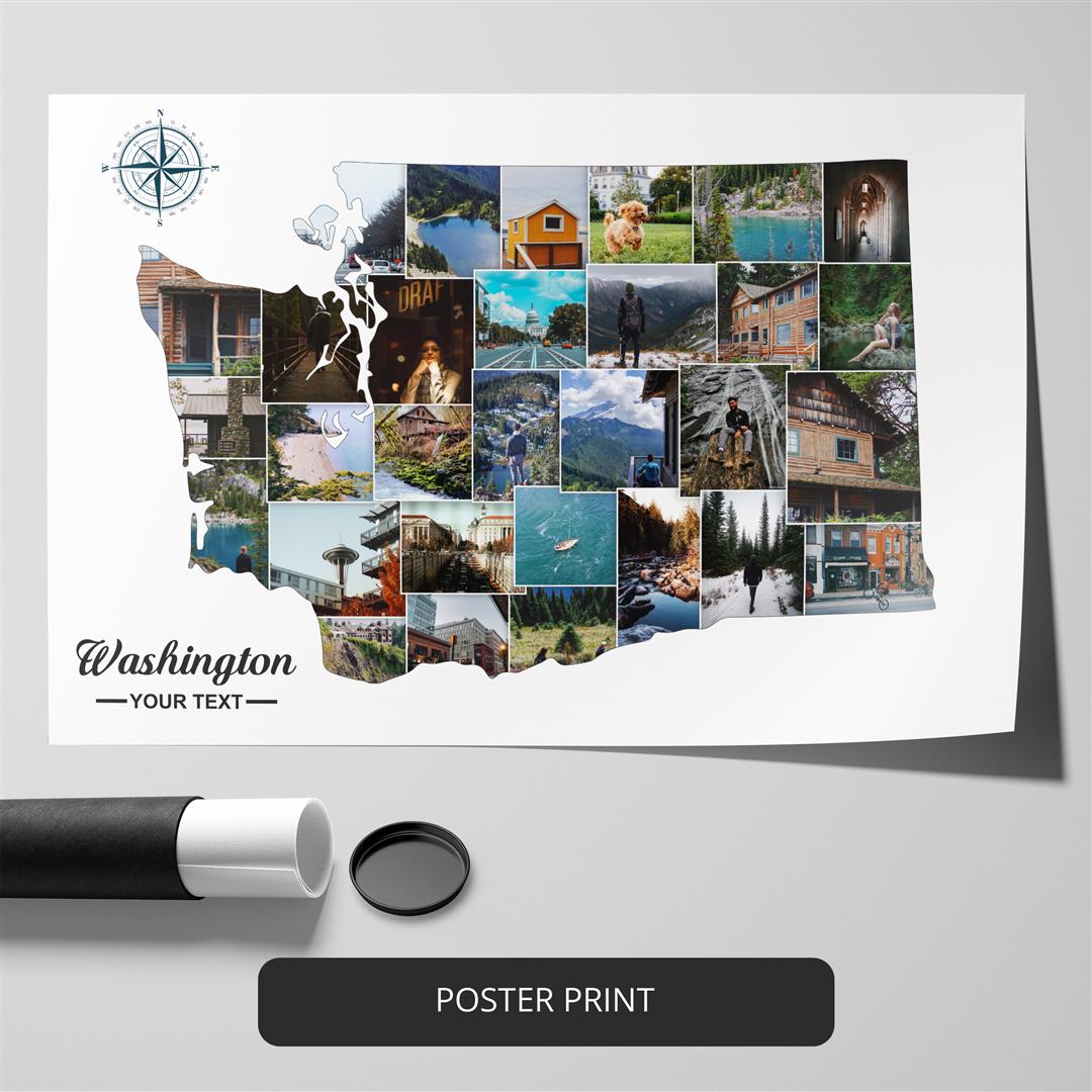 Washington State Map Photo Collage for Unique Home Decor