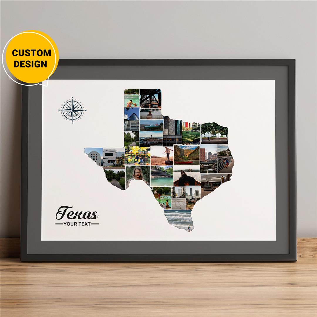 Personalized Texas Map Photo Collage - Customizable Texas State Map Gift