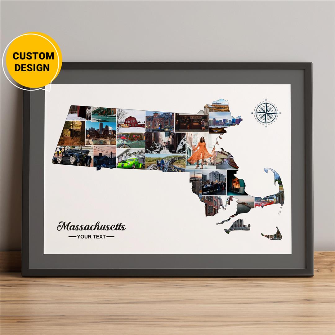 Personalized Photo Collage featuring a Map of Massachusetts - Unique Massachusetts Themed Gift