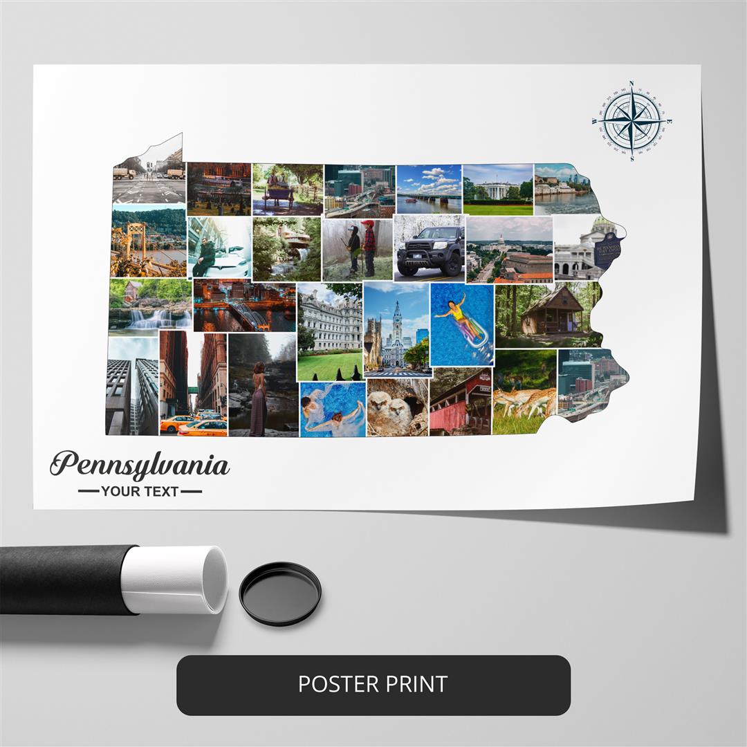Pennsylvania Wall Art: Custom Photo Collage with Pennsylvania Map - Perfect Pennsylvania Artwork