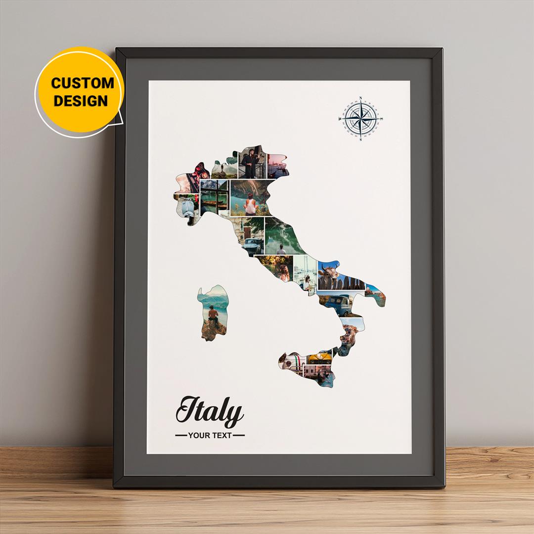 Customized Photo Collage Featuring a Map of Italy - Perfect Italy Wall Art