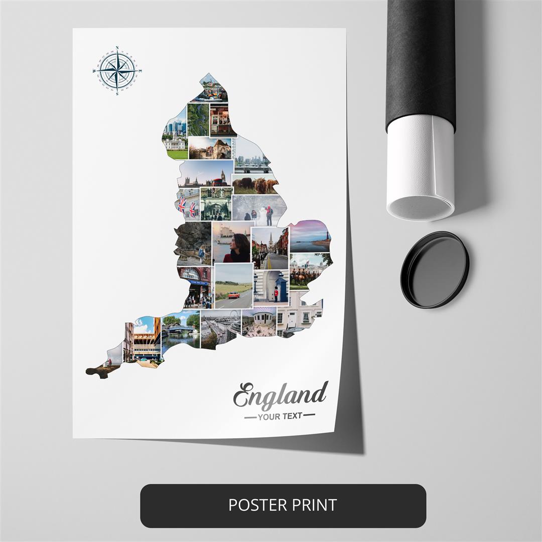 Map of England Wall Decor: Custom Photo Collage Capturing England's Beauty