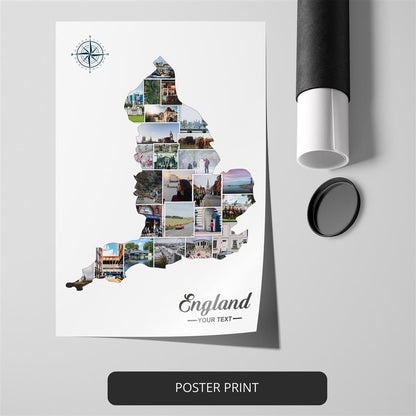 Map of England Wall Decor: Custom Photo Collage Capturing England's Beauty