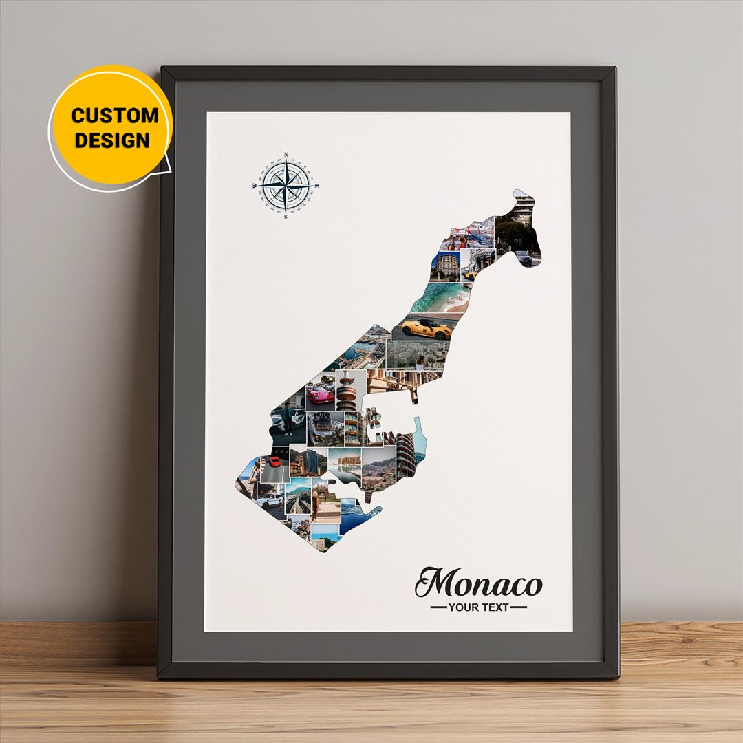 Personalized Photo Collage featuring Monaco Map: Unique Monaco Gifts and Artwork