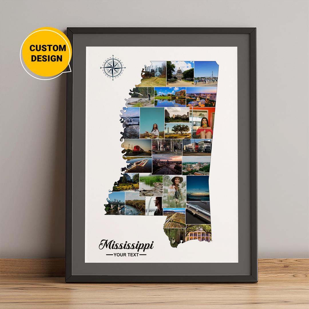 Customized Photo Collage featuring a Map of Mississippi - Unique Mississippi Gifts