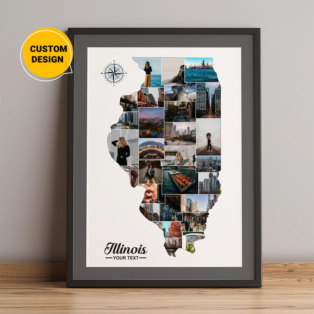 Personalized Photo Collage featuring Illinois Map - Unique Illinois Themed Gift