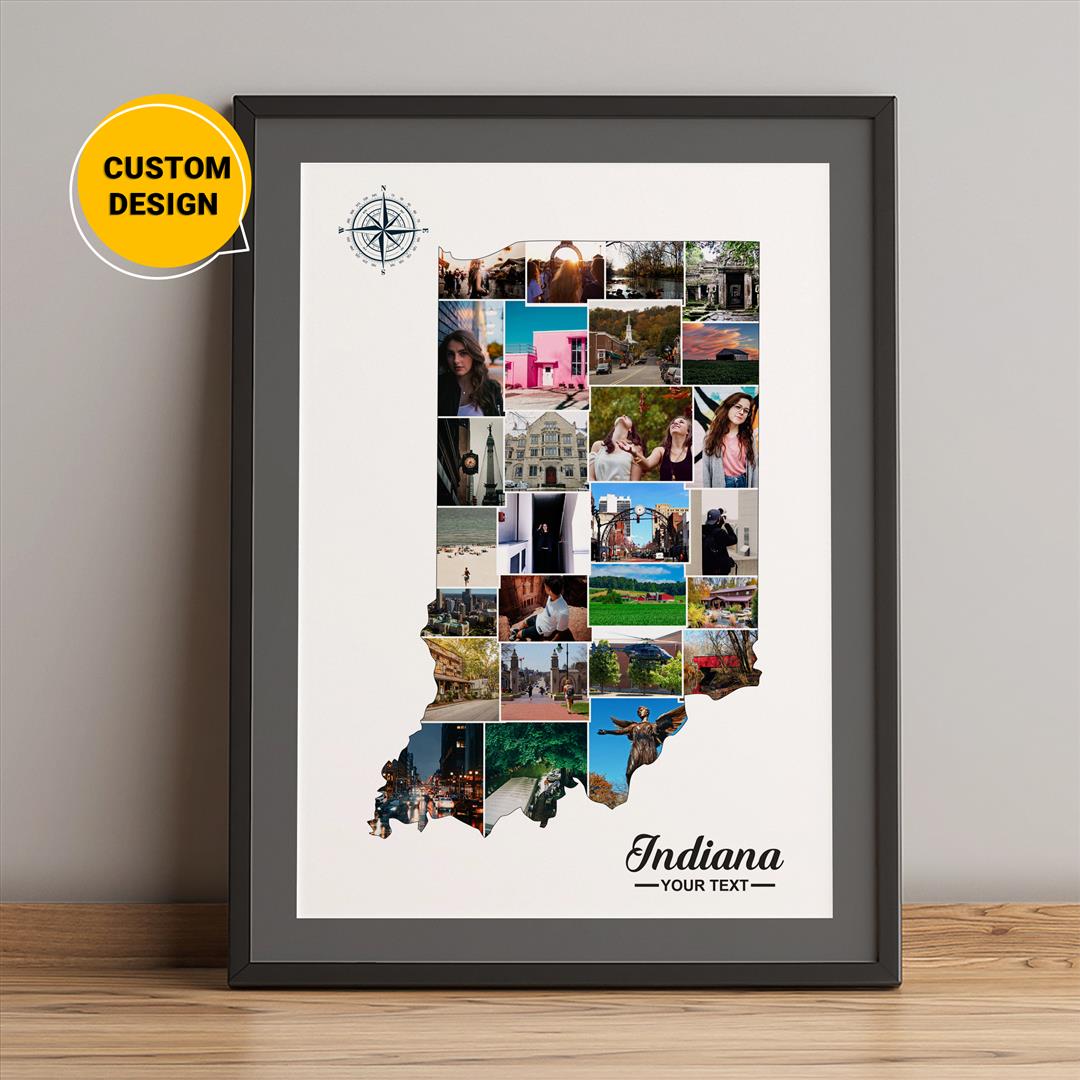 Indiana Map Personalized Photo Collage - Customized Indiana County Map Wall Art